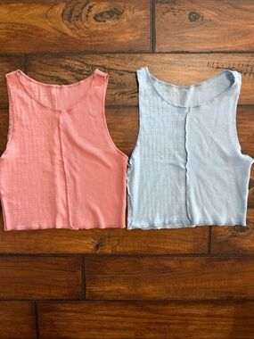 American Eagle Outfitters 2-Ribbed Crop Tank Tops in Pinkish/Coral & Light Blue